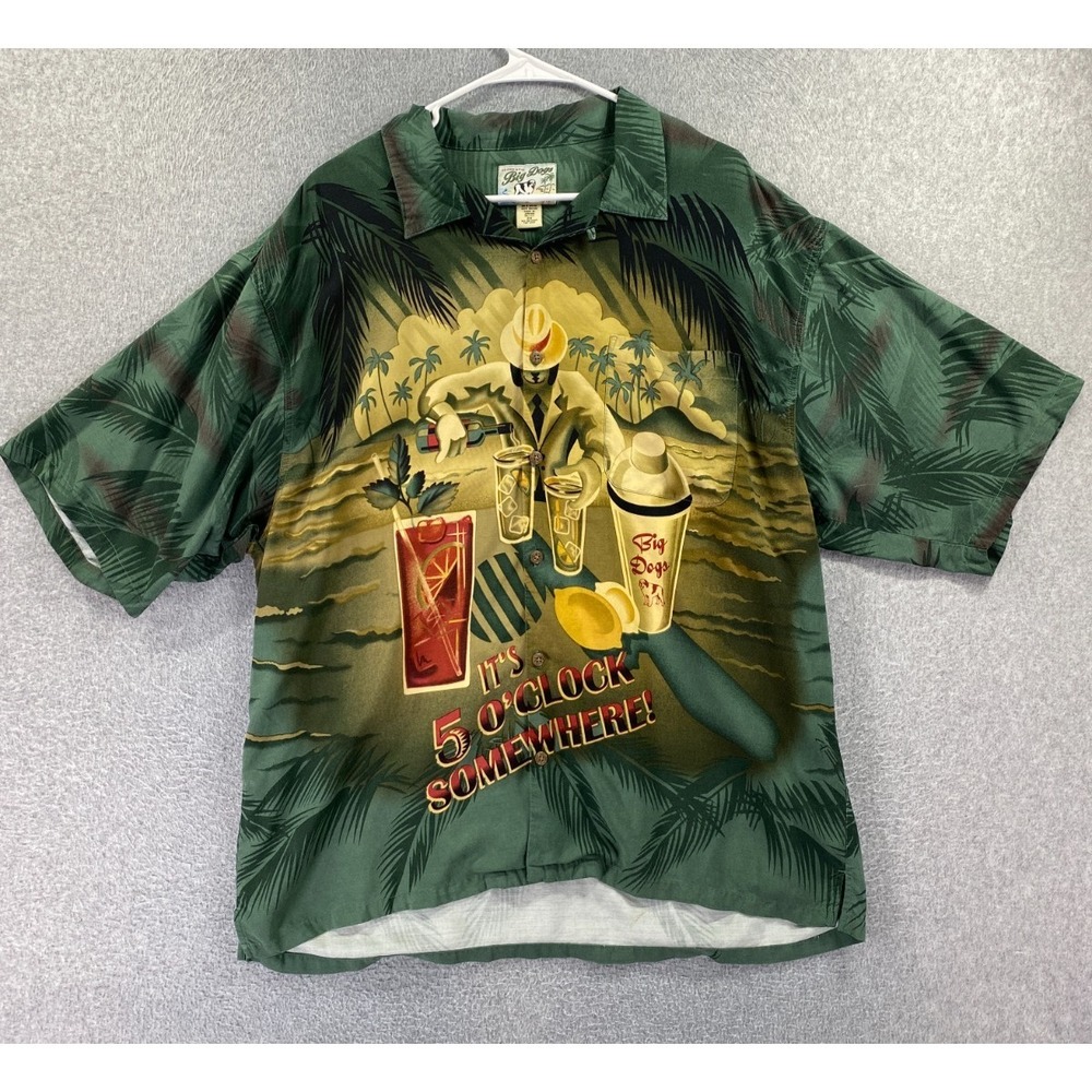 Big Dogs Men's 2XL Green It's 5 O'Clock Somewhere Havana Button Camp Shirt